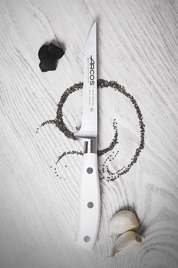 Arcos Forged 3 pieces - Nitrum Stainless Steel and mm blade.Professional Kitchen Knife for Cooking. 755 gr. Ergonomic Polyoxymethylene POM Handle. Series Riviera Blanc. Color White