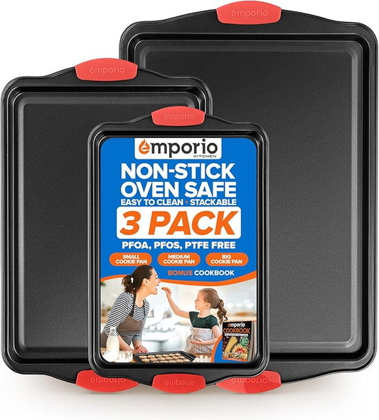 Emporio Kitchen Baking Pan Set - Nonstick Coating, Carbon Steel Bakeware Set with Red Silicone Handles, PFOA, PFOS, PTFE Free, Recipe Booklet Included, Oven Safe Tray (Up To 450° F), Set of 3 - Black