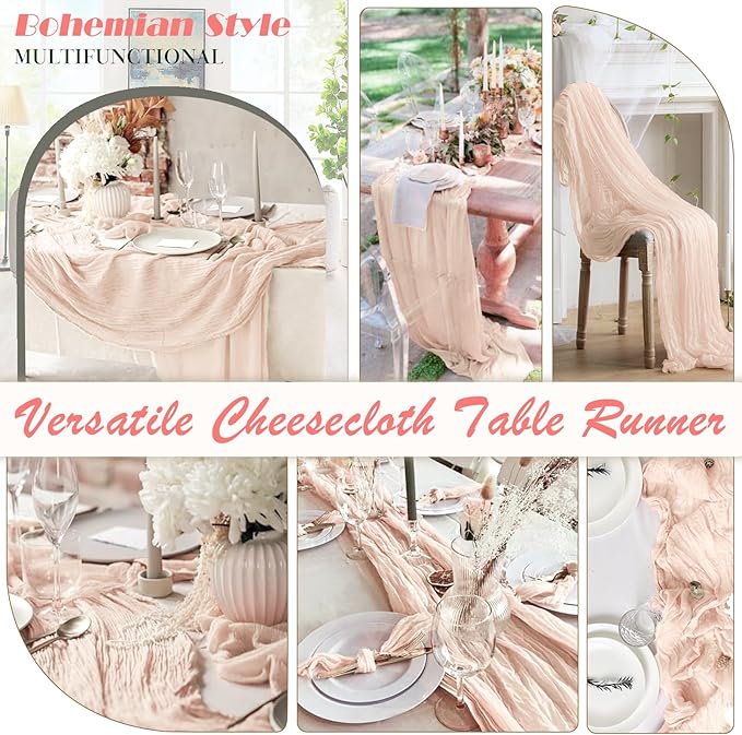 Blush Pink Cheesecloth Table Runner 6 Pack 35" Boho Gauze Tablecloth 120 inches Long Runner Rustic Sheer Fabric Bulk for Baby Shower Wedding Bridal Birthday Party Table Decorations