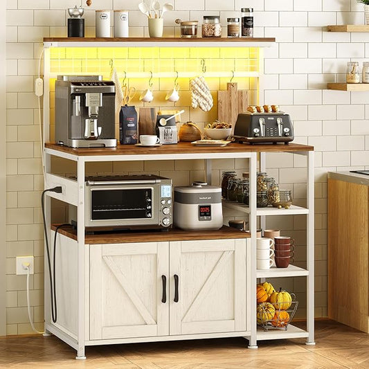 TVU Bakers Rack with Power Outlet and LED Light, Microwave Stand with Storage Cabinet, Coffee Bar Cabinet Station with 6 Hooks for Kitchen, Dining Room, Living Room, Coffee Bar, Walnut, White