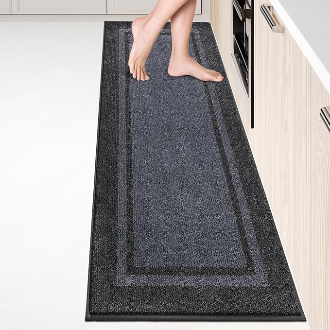 Kichen Rugs 24" x 96", Non-Slip Machine Washable Kitchen Runner Rugs Floor Mats, Absorbent Comfort Standing Mats for Kitchen, Sink, Laundry and Hallway, Bluish Grey & Charcoal