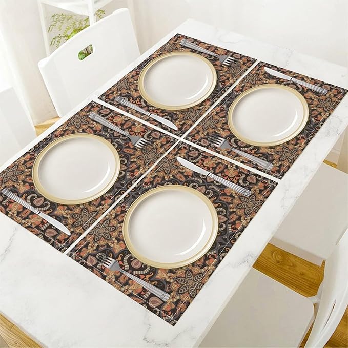 Mandala Placemats Set of 4 Vintage Bohemia Brown Flower Art Printed Dining Table Mats for Restaurant Home Kitchen Holiday Picnic Party Decor 12x18in