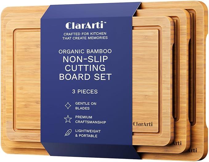 ClarArti - Organic Bamboo Cutting Boards for Kitchen – Set of 3 Non-Toxic Wood Cutting Board with Non-Slip Design – Durable Anti-Slip Bamboo Boards for Chopping & Serving