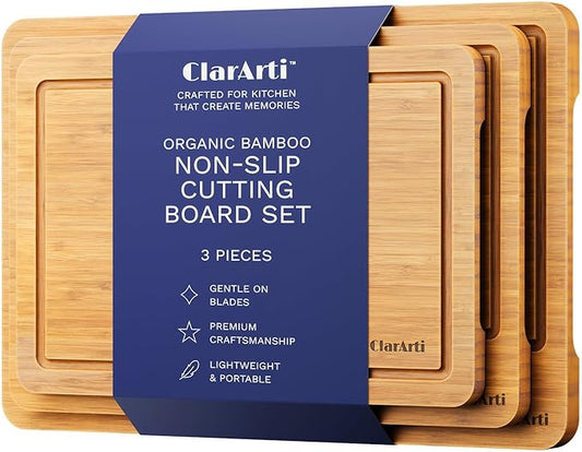 ClarArti - Organic Bamboo Cutting Boards for Kitchen – Set of 3 Non-Toxic Wood Cutting Board with Non-Slip Design – Durable Anti-Slip Bamboo Boards for Chopping & Serving