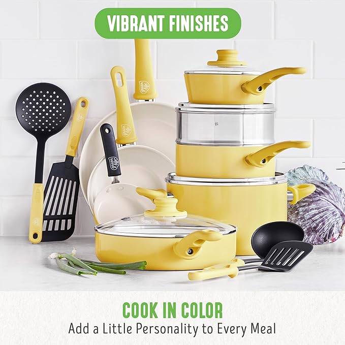 GreenLife Soft Grip Healthy Ceramic Nonstick 18 Piece Kitchen Cookware Pots and Frying Sauce Saute Pans Set, PFAS-Free with Kitchen Utensils and Lid, Dishwasher Safe, Yellow