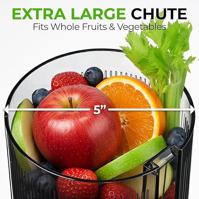 Zulay Kitchen Cold Press Juicer Machine with 5" Wide Feed Chute, Slow Masticating Juicer for Whole Fruits & Vegetables, Easy to Clean, Stainless Steel Blades, High Juice Yield - Black