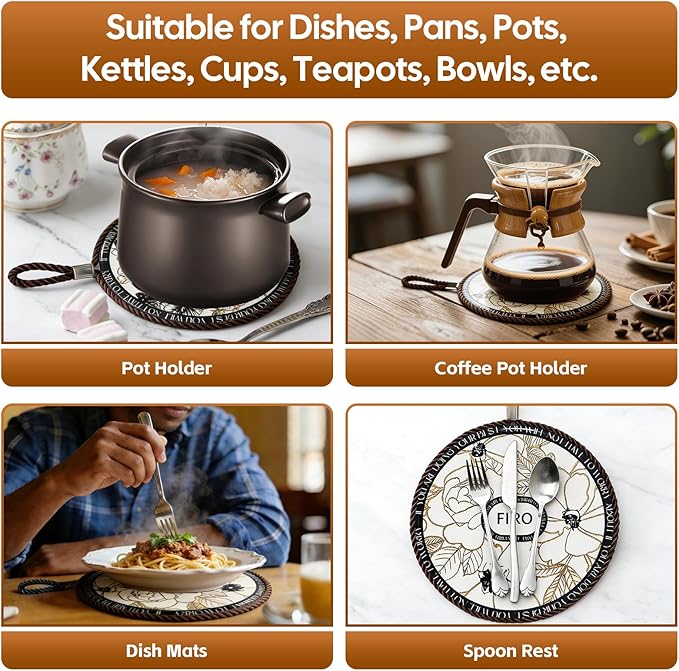 Ceramic Trivets for Hot Dishes,Anti-Slip with Heat Resistant Cork Trivet for Countertops and Tables,Protects Surfaces from Hot Pots,Pans,Cups,Decorative Coasters for Table,Dual-use,Portable Hanging