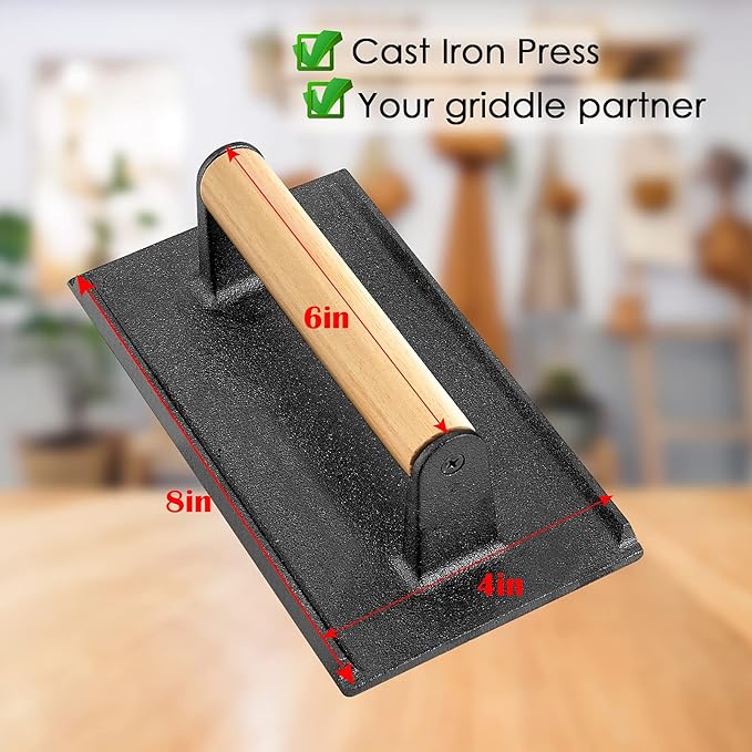 HaSteeL Bacon Hamburger Press for Griddle Flat Top Teppanyaki, Pre Seasoned 8 x 4In Cast Iron Grill Weight with Wooden Handle, Perfect for BBQ Steaks Pannis Sandwiches Meats - 1Pk