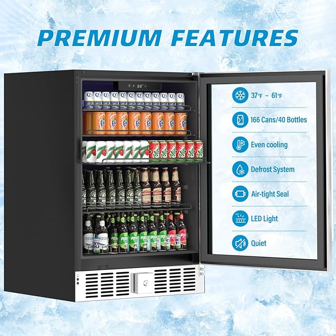 24 inch Beverage Refrigerator Cooler, 5.3 Cubic/166 Can Large Fridge with Glass Front Door for Soda, Beer or Wine, Under Counter Small Refrigerator with Adjustable Shelves and Digital Display