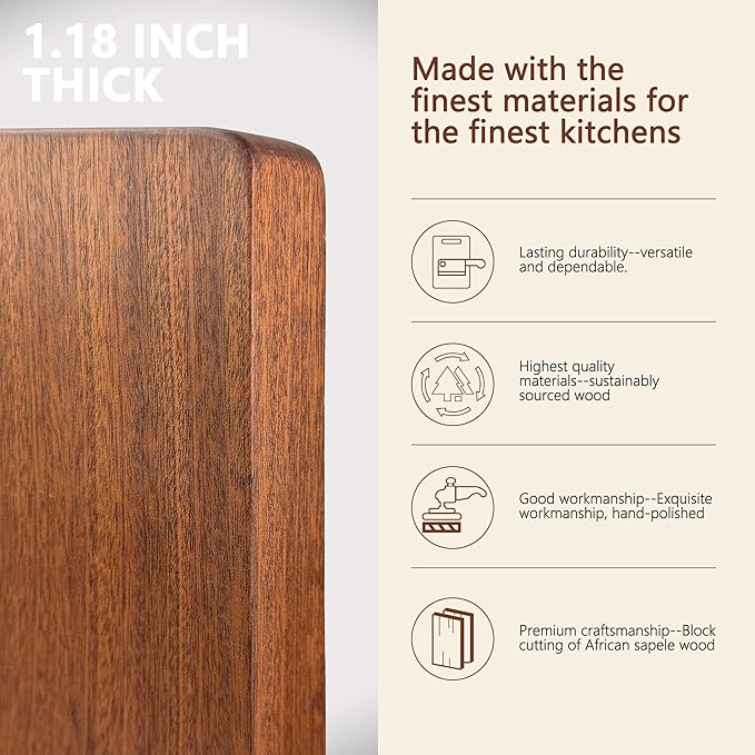 Solid Wood Cutting Board One Piece Cutting Boards Made of Entire Piece Sapele Wood, Hardwood Cutting Board Heavy Duty 15.7 * 11.8 * 1.2in (No Glue)