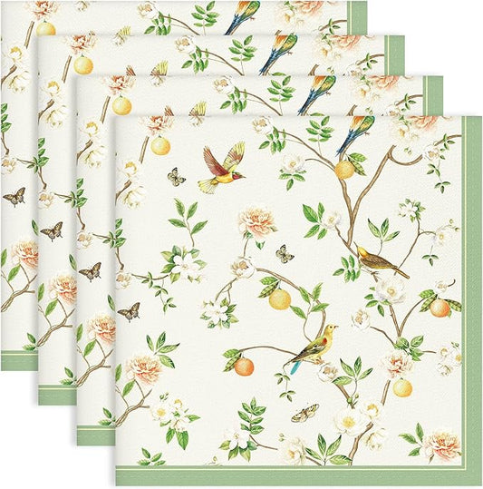 Bird Branch Napkins, 18×18 Inch Floral Dinner Cloth Napkins Set of 4, Washable Cotton Soft Absorbent Square Napkins for Dining Kitchen Party Wedding Decoration