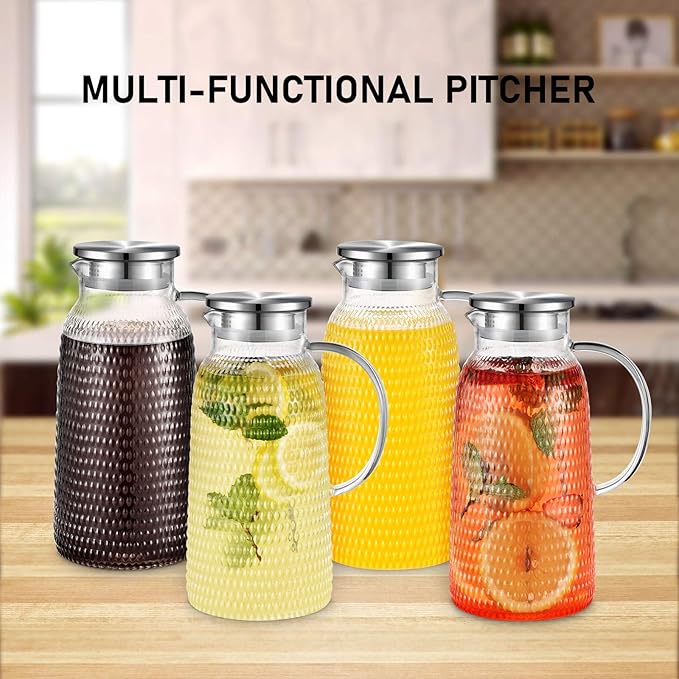 Aofmee 80oz Glass Pitcher with Lid, 2.4 Liter Water Pitcher, Glass Carafe for Cold or Hot Beverages, Sun Tea Jar, Easy Clean Heat Resistant Jug for Juice, Milk