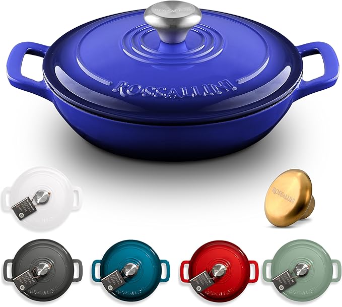 ROSSALLINI Signature Enameled Cast Iron Braiser, Non-Stick Serving Pot with Tight Fitting Lid for Perfect Roasting, Baking, Sauteing, Searing, and Pan Frying | 3.5Q (3.3L) - Indigo Blue