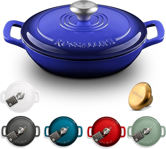 ROSSALLINI Signature Enameled Cast Iron Braiser, Non-Stick Serving Pot with Tight Fitting Lid for Perfect Roasting, Baking, Sauteing, Searing, and Pan Frying | 3.5Q (3.3L) - Indigo Blue