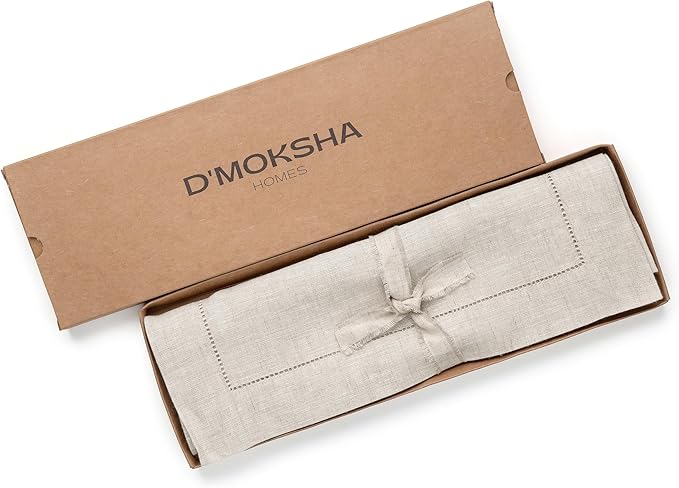 D'Moksha Homes Linen Light Natural Table Runner 60 Inches - Classic Hemstitch, 100% Pure Linen Coffee Table Runner 14 x 60 Inch Ideal for Dresser Tables, Valentines, Spring, Easter