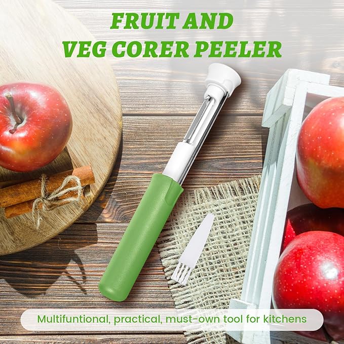 Multi Functional Apple Corer and Peeler,Green Plastic-Handle Apple Corer for Bell Peppers Pears,Stainless Steel 2-In-1 Household Kitchenware, Fruit and Vegetable Peeling Tool,Christmas Halloween Gifts