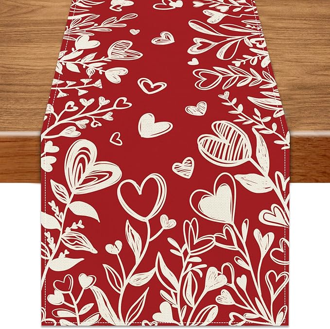 Valentine’s Day Red Heart Love Plant Table Runner 13x72 Inch , Holiday Kitchen Dining Tabletop Runners for Home Indoor Farmhouse Decoration