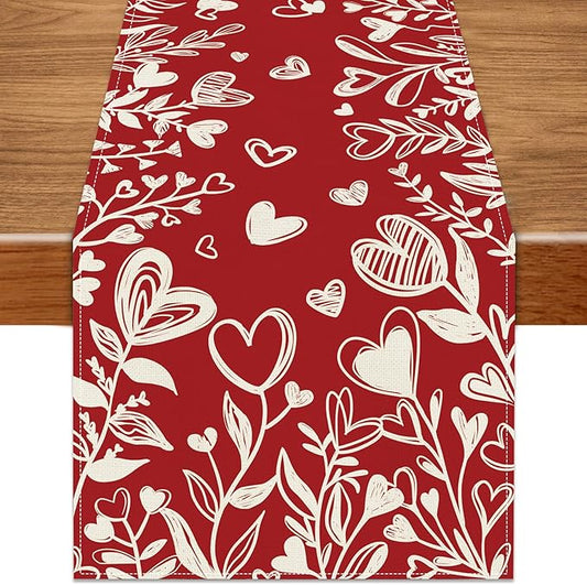 Valentine’s Day Red Heart Love Plant Table Runner 13x72 Inch , Holiday Kitchen Dining Tabletop Runners for Home Indoor Farmhouse Decoration