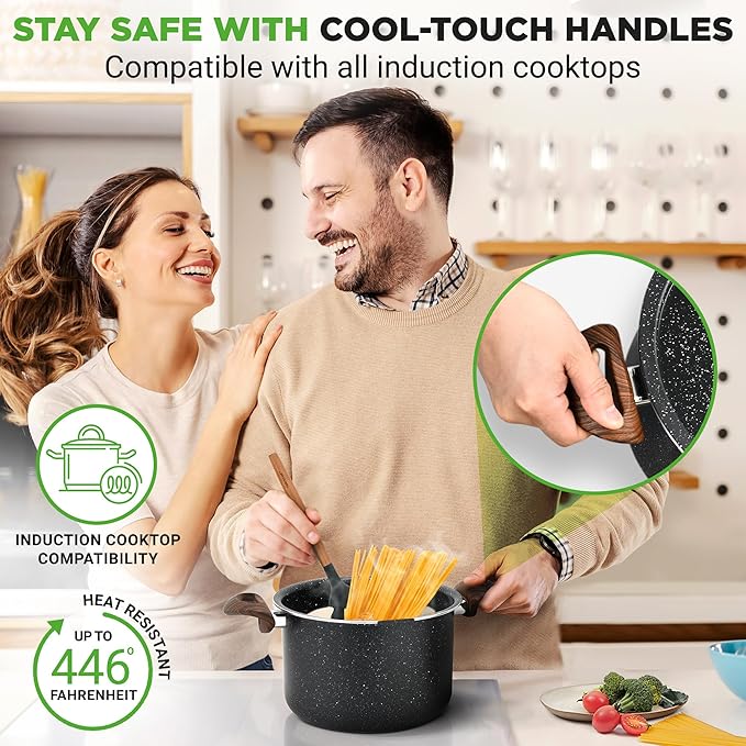 NutriChef 5qt Pasta Pot with Strainer Lid & Pasta Fork | Non-Stick Cooking Pot | Lockable Lid, Heat Resistant Handles | Even Heat Distribution | Easy Clean | Black Marble