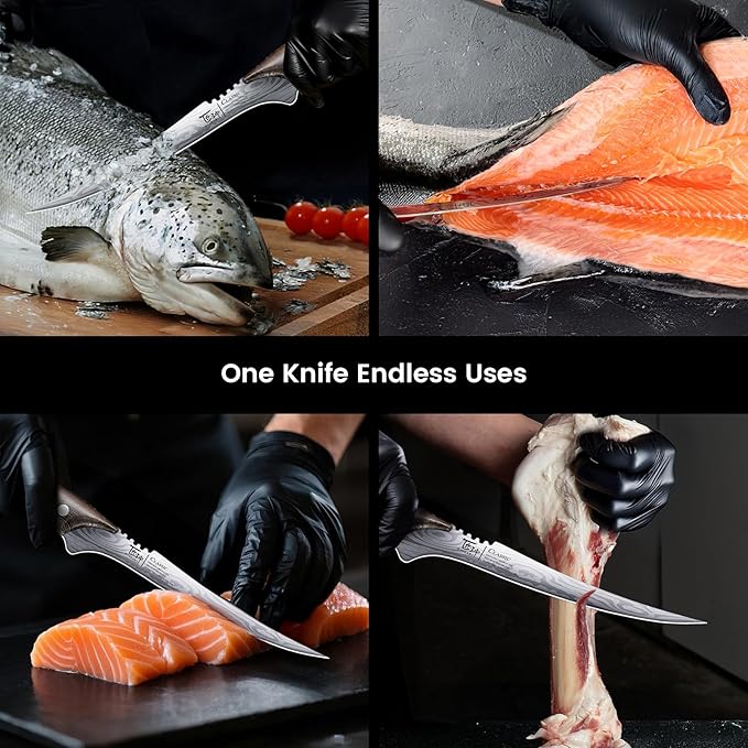 Fillet Knife, Razor Sharp 7.2 Inch Boning Knife, High Carbon Stainless Steel Filet Knives with High Flexibility, Wooden Handle, Full Tang Damascus Pattern Fishing Knives, Christmas Gift