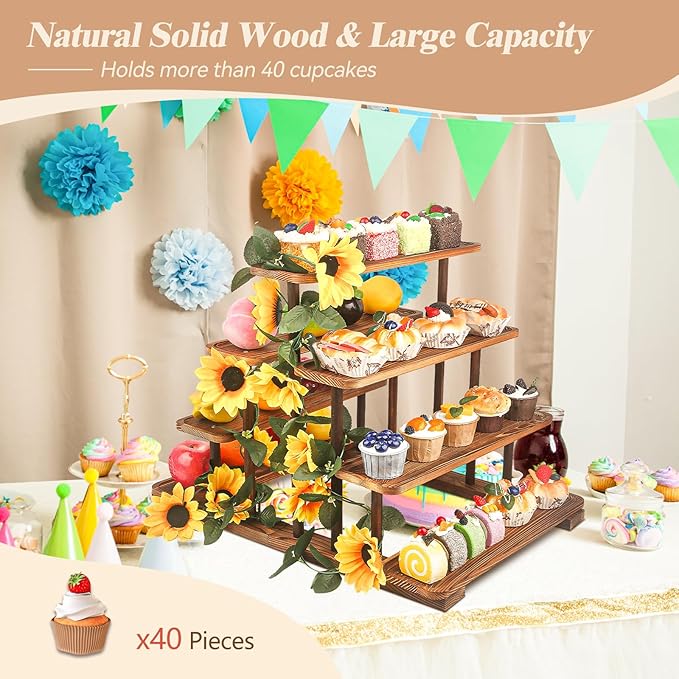 Wooden 7 Tier Cupcake Stand & Towers Serving Trays for Party with Vine Decoration — Party Display Serving Ladder with Platter for Cake, Snacks — Perfect for Catering, Events & Centerpieces