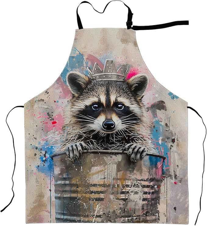 Graffiti Raccoon Apron Urban Street Art Trash Can Crow Aprons Waterproof Oxford Polyester Adjustable Pockets Design for Cooking, Crafting, Garden Decor, for Adults, 28x33 Inch