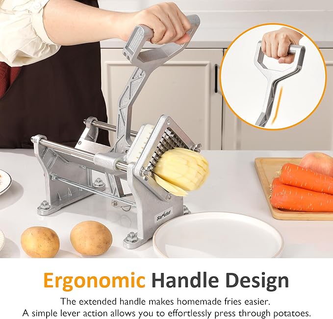 Sunvivi Commercial French Fry Cutter, Heavy Duty Potato Slicer with 3 Replaceable blades (1/2, 3/8 Inch, 6-wedge Slicer), Professional Fries Cutter for Restaurant & Home Kitchen, Stainless Steel
