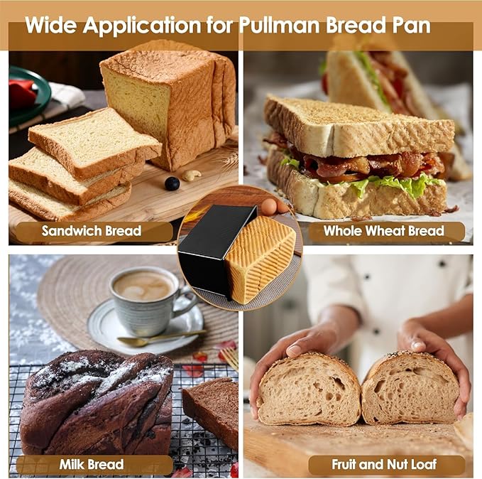 Spmarkt 2pack 1LB Black Pullman Loaf Pan with Lid, Non-Stick Sandwich Bread Loaf Pan, Easy Release Bread Pan with Lid for Homemade Bread