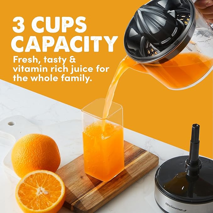 Elite Gourmet ETS623 BPA-Free 40-Watt Electric Citrus Juicer, Compact, Large Volume, Pulp Control, Oranges, Lemons, Limes, Grapefruits with Easy Pour Spout, 24oz, Black/Stainless Steel