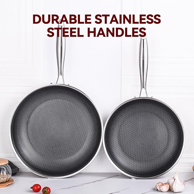 LOLYKITCH 10-12 Inch Tri-ply Hybrid Nonstick Stainless Steel Sauté Pan with Lids,Deep Frying Pan Set,Skillets,Induction Pots and Pans,Heavy Duty and Oven Safe,Detachable Handle.