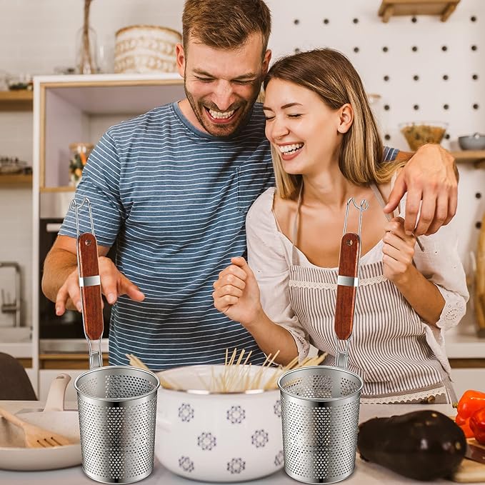 Tessco for you 6 Pcs Stainless Steel Pasta Basket with Wood Handle Pasta Strainer Kitchen Mesh Spider Noodle Strainer Skimmer Food Dumpling Noodle Blanching Basket(4.7 Inch,Red Brown)
