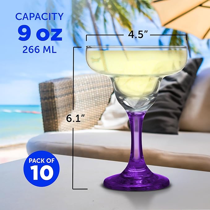 DISCOUNT PROMOS 10 Margarita Glasses Set, 9 oz. - Classic, Smooth, Barware, Glassware - Purple