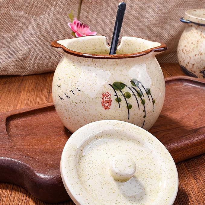 Japanese Willow Pattern Ceramic Sugar Jar & Spice Container with Lid & Stainless Steel Spoon Set – Kitchen Storage, Elegant Sakura Design,Gift