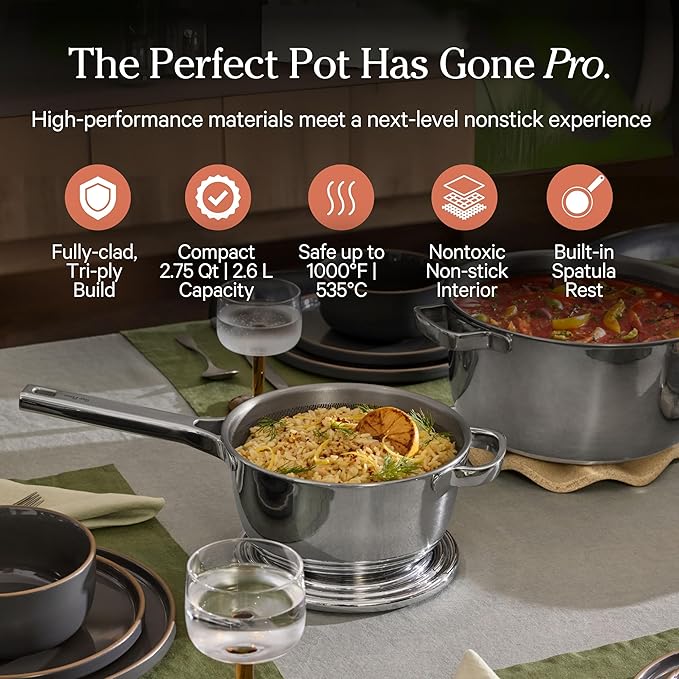 Our Place Mini Titanium Perfect Pot Pro | 2.75 Qt Cooking Pot with Lid & Silicone Spoon | PFAS-Free Nonstick, Fully-Clad Tri-Ply Stainless Steel & Aluminum | Induction & Oven-Safe to 1000°F | Chrome