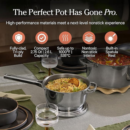Our Place Mini Titanium Perfect Pot Pro | 2.75 Qt Cooking Pot with Lid & Silicone Spoon | PFAS-Free Nonstick, Fully-Clad Tri-Ply Stainless Steel & Aluminum | Induction & Oven-Safe to 1000°F | Chrome