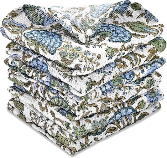 Ridhi Asparagus Green Hand Block Print Cotton Waffle Dish Cloth Set of 6-12x12 Inch Super Absorbent, Soft, Reusable Kitchen Towels for Dish Drying Cleaning, Ideal for Spring, Easter, Valentine