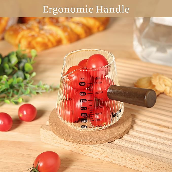 Joeyan 7 oz Espresso Cups, Glass Measuring Cup, Espresso Shot Glass with V-Shaped Mouth and Handle, Clear Origami Style Milk Frothing Pitcher, Espresso Machine Coffee Bar Accessories