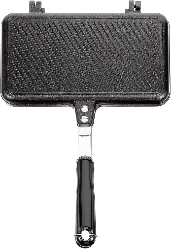 VOSAREA Sandwich Maker Grilled Sandwich Maker Pan Non-Stick Hot with Long Handle Double Sided Frying Pan Stovetop Toasted for Home Kitchen Breakfast Camping (Black)
