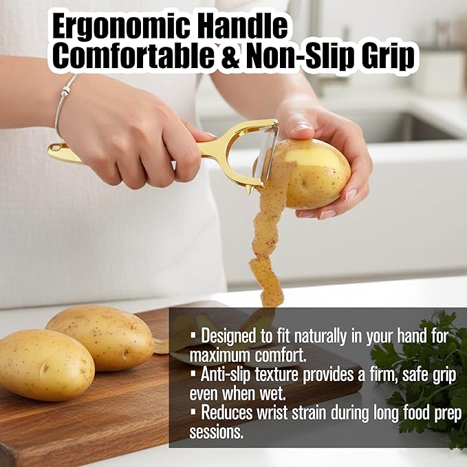 Gold Potato Peeler - Ultra Sharp Vegetable Peelers For Kitchen, No Rust Stainless Steel Serrated Y Peeler, Easy To Use With Durable Non Slip Ergonomic Grip For Carrot Fruits Veggie Kiwi, High Tensil