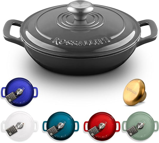 ROSSALLINI Signature Enameled Cast Iron Braiser, Non-Stick Serving Pot with Tight Fitting Lid for Perfect Roasting, Baking, Sauteing, Searing, and Pan Frying | 5Q (4.7L) - Oyster Grey