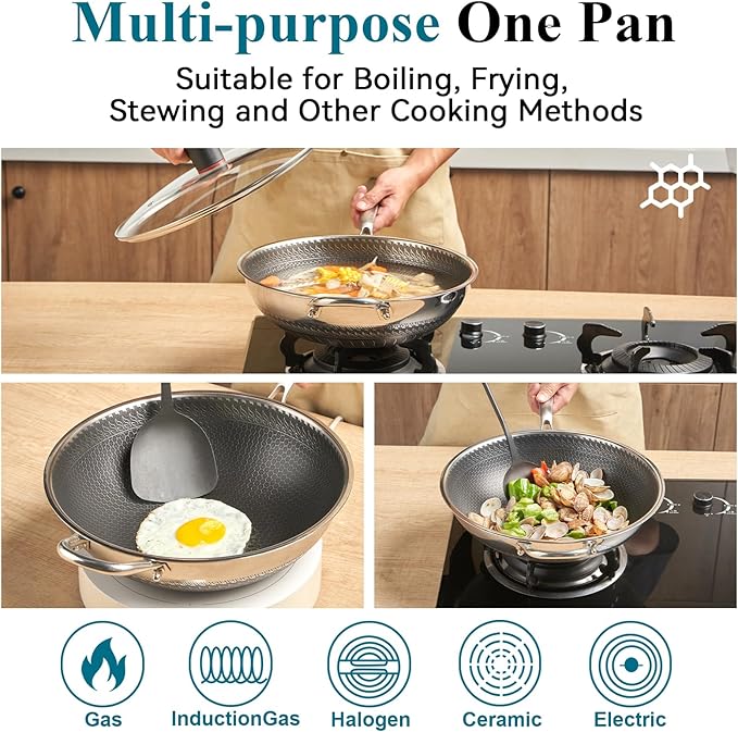 Boryenty Wok Pan 12 Inch with Lid, Hybrid Stainless Steel Wok, Honeycomb Wok Pan Flat Bottom Stir Fry Pan, 18/10 Stainless Steel, Metal Utensil Safe, Dishwasher & Oven Safe