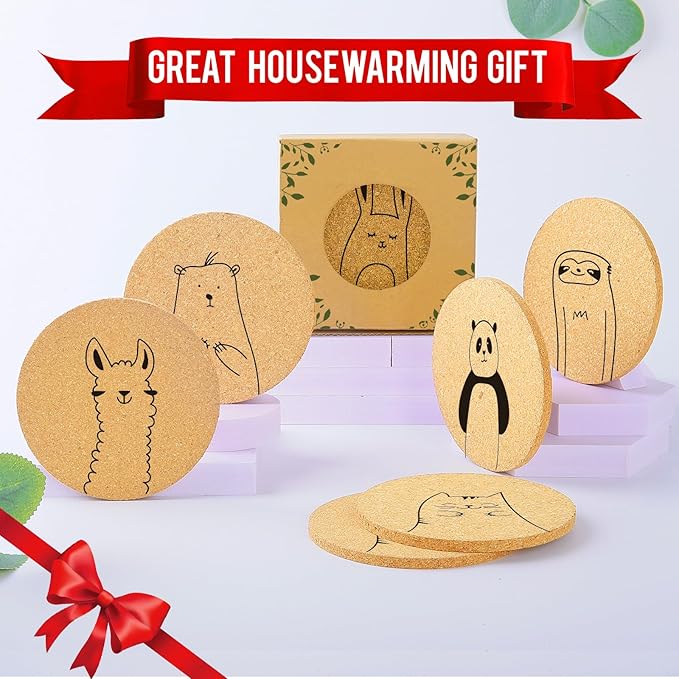 Coasters for Drinks with Holder Set of 6, Cute Animals Coaster Bulk for House Warming Gifts for New Home Couples Absorbent Cork Wood Cup Desk Coffee Table Office Kitchen Decor, Round 4"