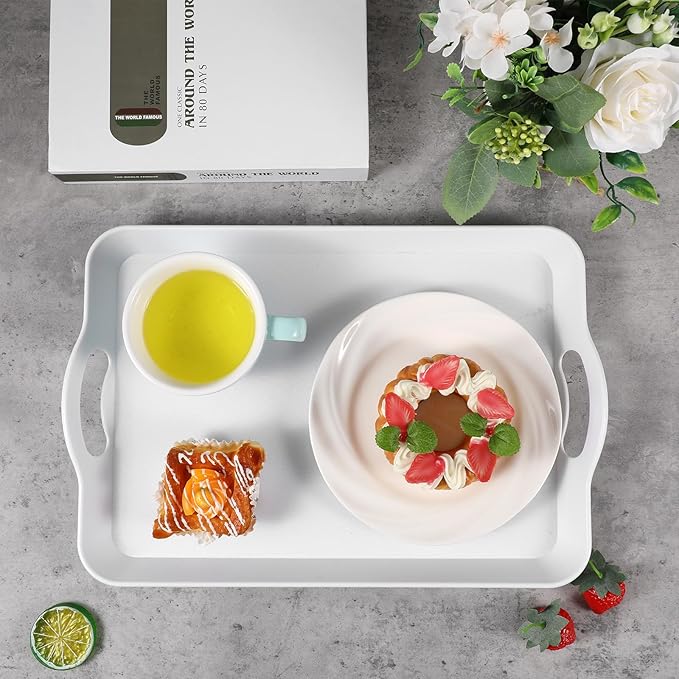 2 Pack Melamine Serving Trays with Handles, Large White Rectangular Serving Platter, Unbreakable, Suitable for Salad, Meat, Fruit Dessert, Cupcakes, Dishwasher Safe, 16.5×11×1.26 Inches