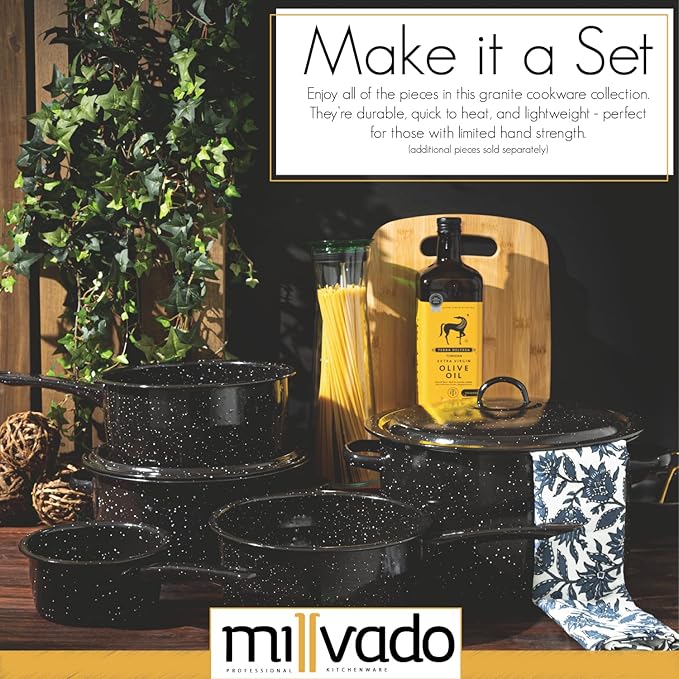 Millvado 4 Quart Granite Saucepan, Naturally Nonstick Sauce Pots, Speckled Enamel Ware Cookware, Small Sauce Pan for Cooking and Boiling - Granite Cooking Pot for Stovetop, Campfire, Outdoor Stove