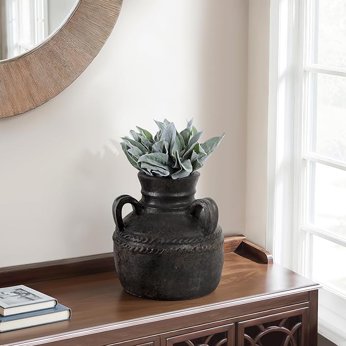 Terracotta Triple Handle Vase for Living Room Decor - Casual Home Decor Accent for Entryway, Bedroom, and Office Shelf - Decorative Flower Vase for House and Dining Room Table - 12", Black