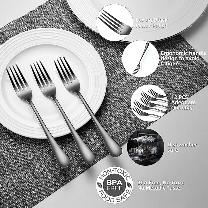 Black Forks Food-Grade Stainless Steel Dinner Forks 12 Piece Kitchen Forks 8 inch Silverware Set for Home Kitchen Restaurant-Mirror Polished & Dishwasher Safe