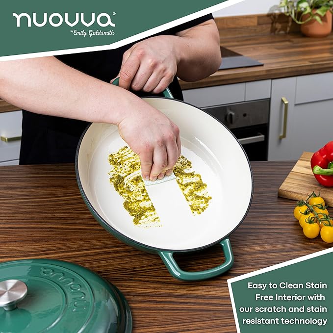Shallow Cast Iron Casserole with Lid – Non Stick Dutch Oven Pot, Oven Safe up to 500° F – Sturdy Ovenproof Stockpot Cookware – Enamelled Cooking Pot – Dark Green, 3.7-Quart, 30cm – by Nuovva