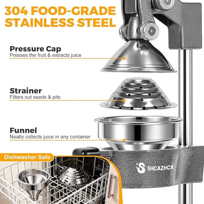 Cast-Iron Hand Press Citrus Juicer, Heavy-Duty Fruit Squeezer with Stainless Steel Cup, Easy-to-Clean Manual Citrus Press for Orange, Lemon, Lime, Grapefruit & Pomegranate (Silver)
