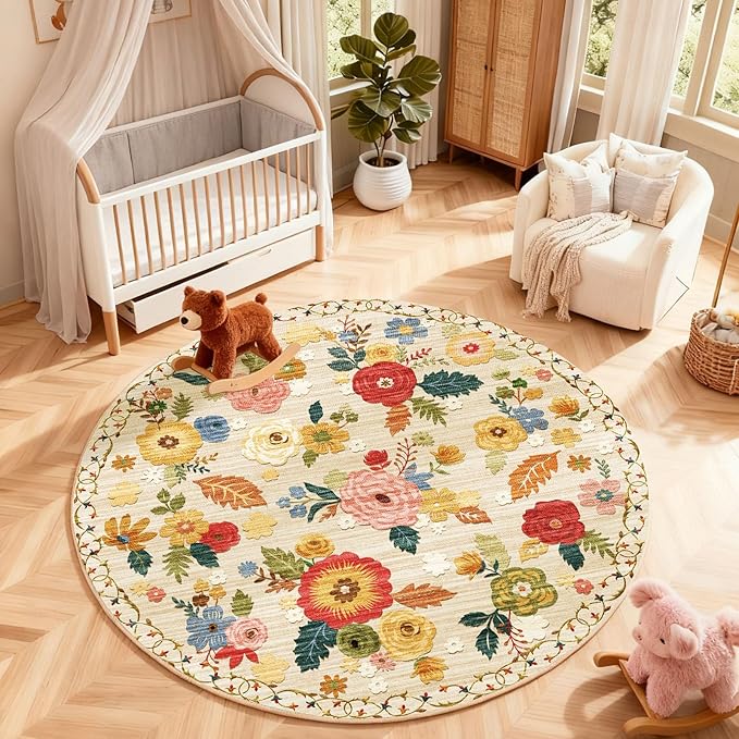 4x4 Round Bedroom Rug Washable: Round AreaRug Stain Resistant Floral Rug Non Slip Low Pile Small Carpet for Bedroom Kitchen Entryway Living Room Bedside Office Dorm Kids Room Entrance