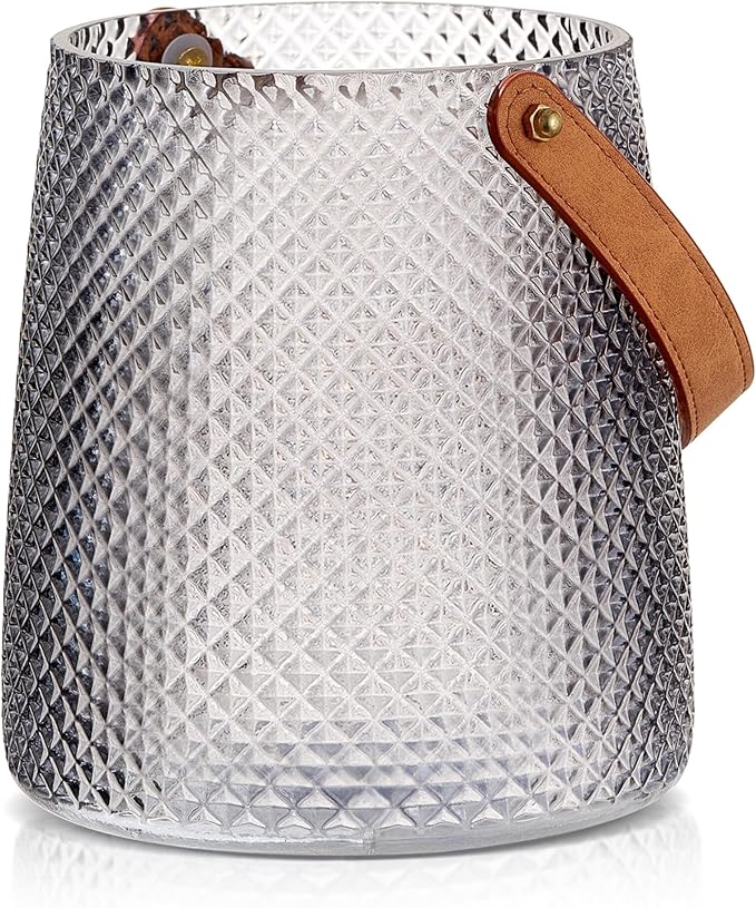 Nordic Handcrafted Glass Flower Vase with Vegan Leather Handle – Diamond Pattern Design – Modern Decorative Centerpiece – Elegant Gift for Weddings, Housewarming, Anniversaries – Stylish Home Décor